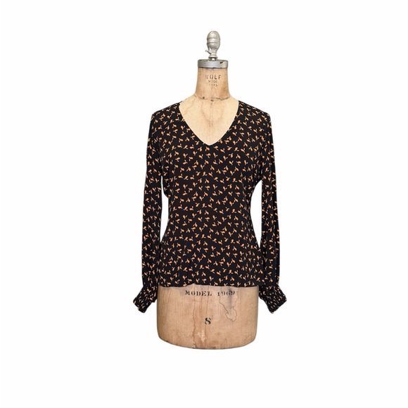 Just Female Tops - Just Female Venda Women's Black and Orange Snowberry Leaf Patterned Top XS EUC